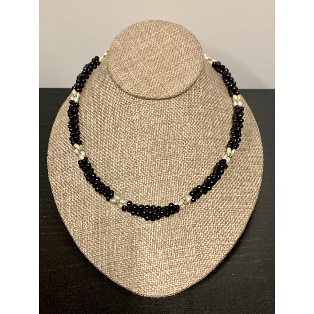 14k Yellow Gold Three Strands Black Onyx and Pearls  Necklace 18" L